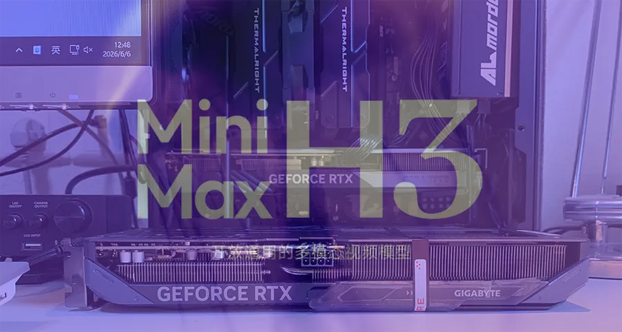 The RTX 5060 Ti 16GB in the test PC, with the MiniMax H3 logo overlaid