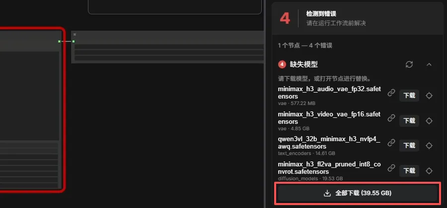 ComfyUI missing-models panel listing the four MiniMax H3 files, with a Download all button for 39.55 GB