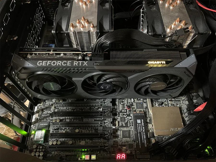 The RTX 5060 Ti installed in the old dual-socket ASUS X99 workstation